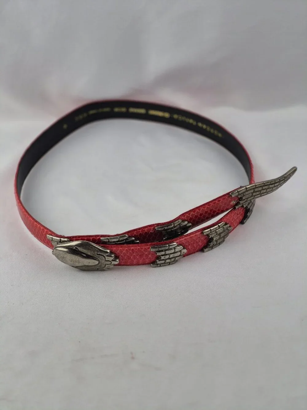 Vintage Morgan Taylor Red Snakeskin Belt Silver-Tone Metal Snake Head & Tail Med